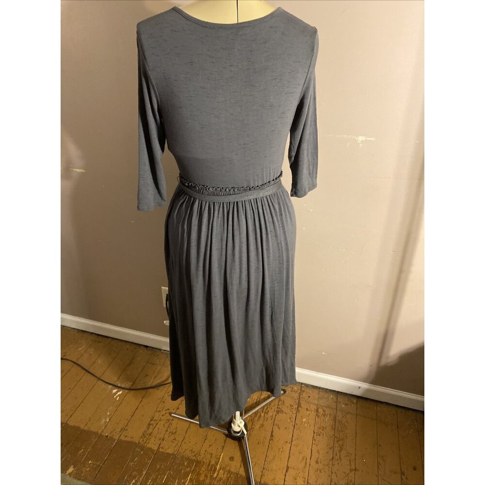 Matilda Jane Sz S Grey Gray Midi Dress Elastic/Tie Waistband V-Neck 3/4 Sleeve - Picture 6 of 12